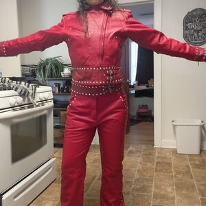 Harley-Davidson Red Studded Real-Leather Jumpsuit with Belted Detail